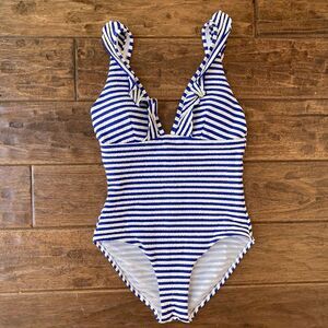 Sea Level Capri Frill One Piece Swim Suit Blue Stripes Sz US 6 Nautical